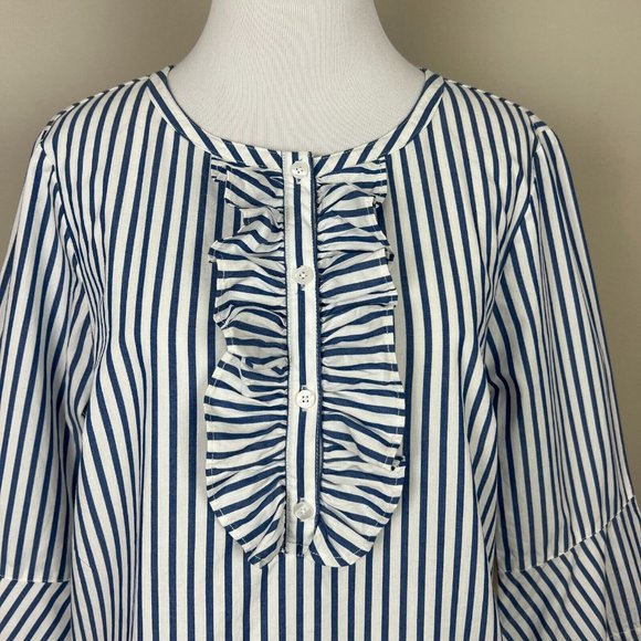 Draper James Top Womens Small Blue Striped 3/4 Bell Sleeve Cotton Ruffle Relaxed - Picture 2 of 11